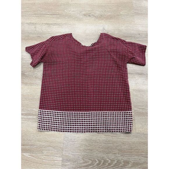 Madewell Silk Blouse Top Womens 2XS Red Geometric Short Sleeve Tie Bow Back Casu - Picture 3 of 10